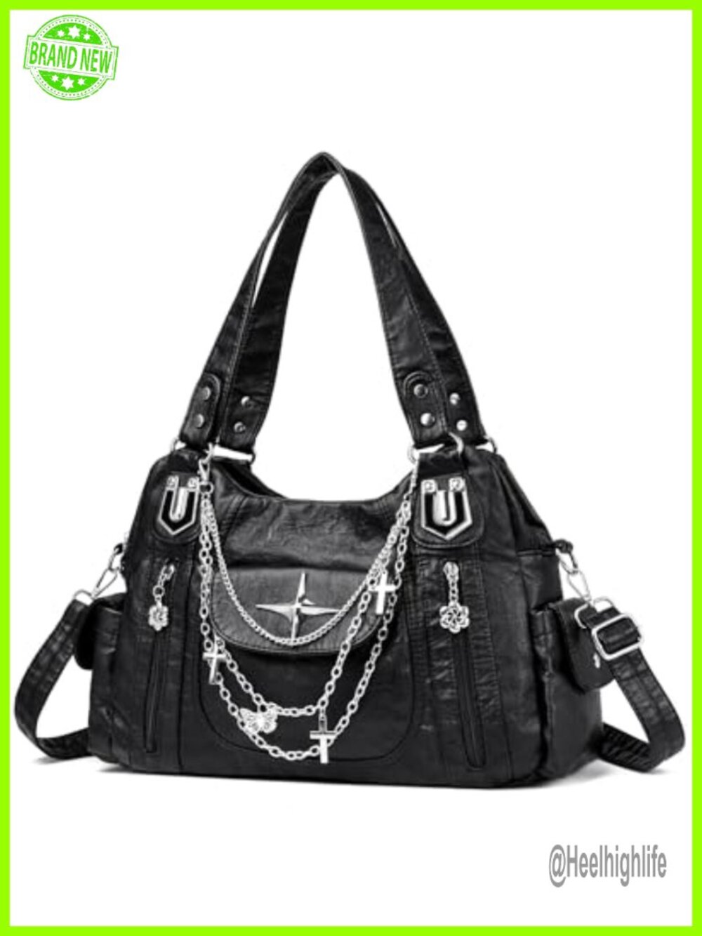Y2K Gothic Distressed Vegan Leather Hobo Shoulder Bag with Chains Multi-Pocket